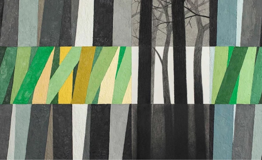 Forêt Seule, Pierre noire et fusain sur papier & paraffine et pigment sur bois © Fabrice Nesta